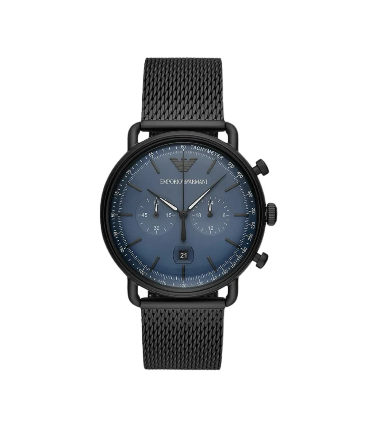 AR11201 Emporio Armani Men's Chronograph Stainless Steel Watch front dial view with chronograph sub-dials and date display at Time Vault