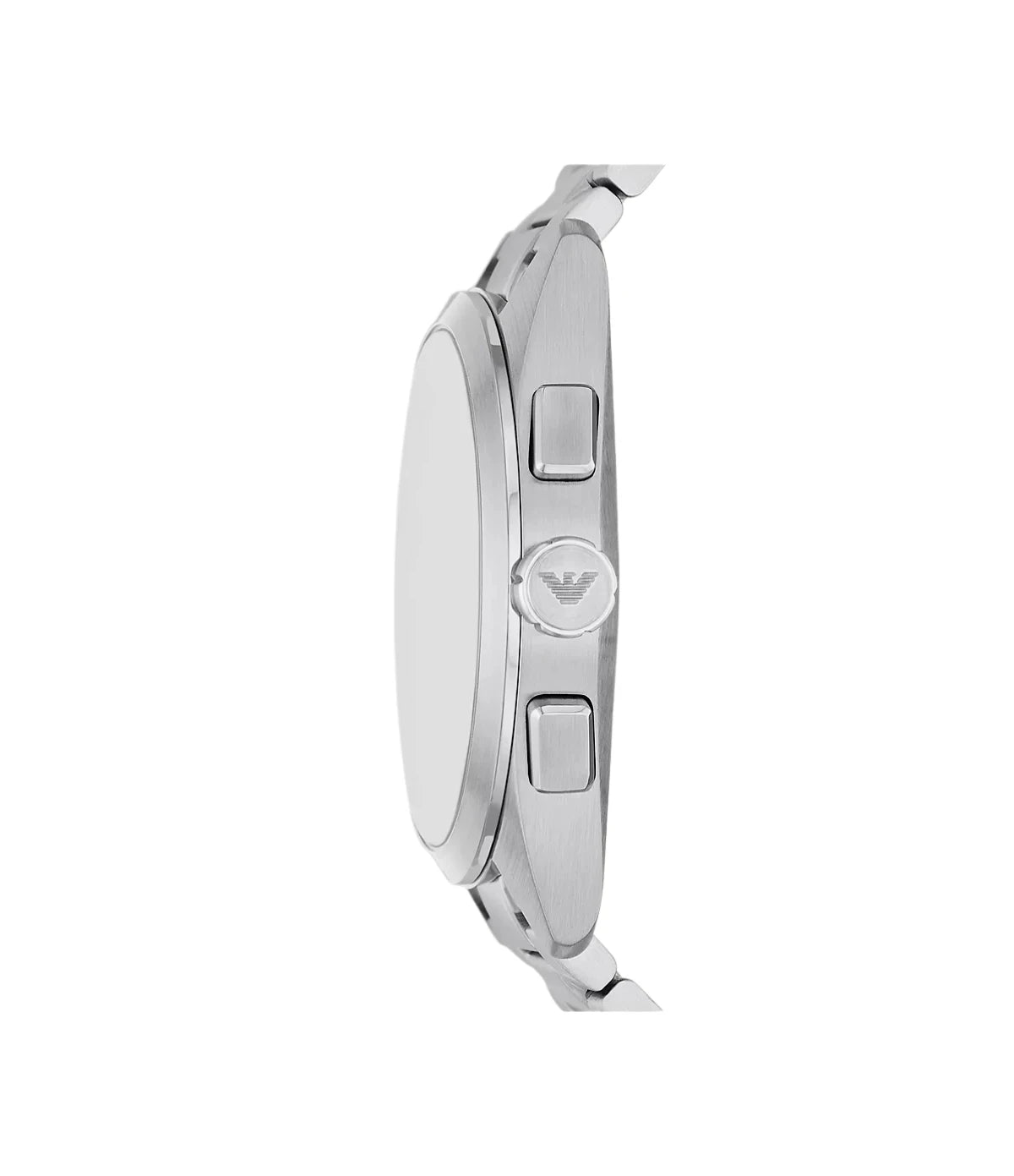 AR11480 Emporio Armani Chronograph Stainless Steel Watch side profile showcasing the polished crown and chronograph pushers at TimeVault