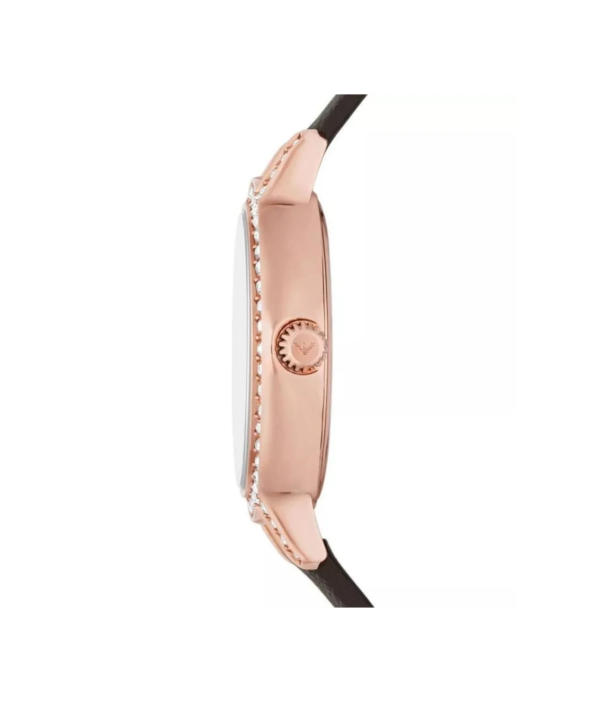 AR11555 Emporio Armani Cleo Pro-Planet Leather Watch side profile showcasing the polished rose gold crown and slim case at TimeVault