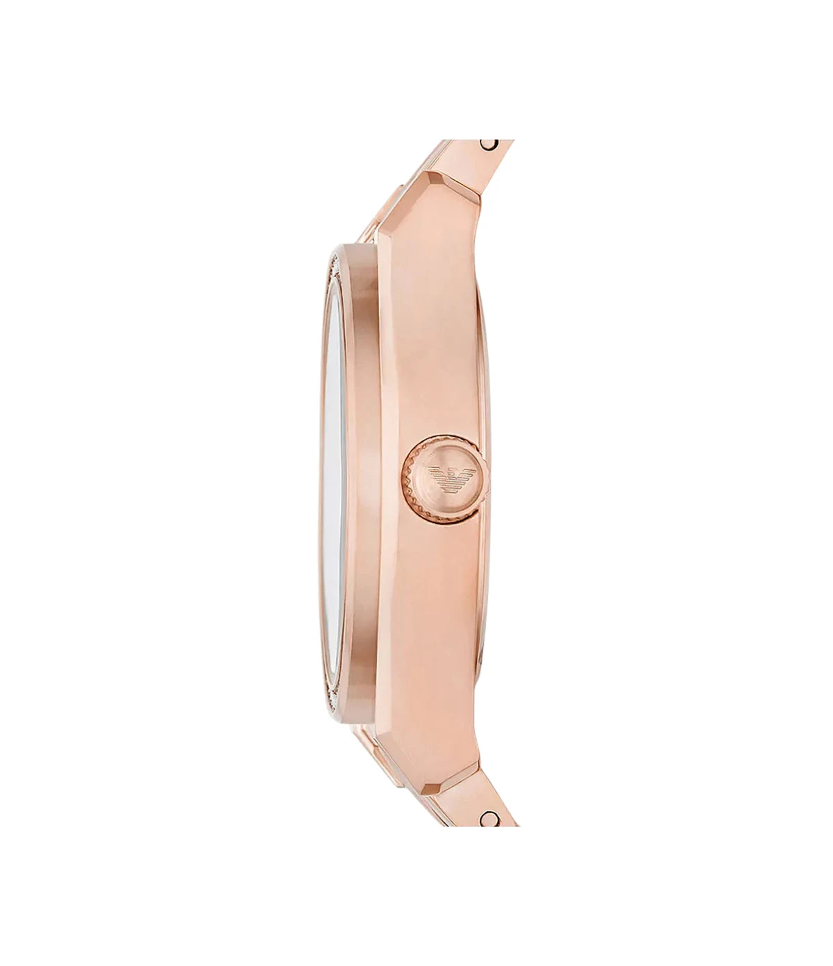 AR11558 Emporio Armani Federica Rose Gold Stainless Steel Watch side profile showcasing the polished rose gold crown and crystal-set bezel at TimeVault