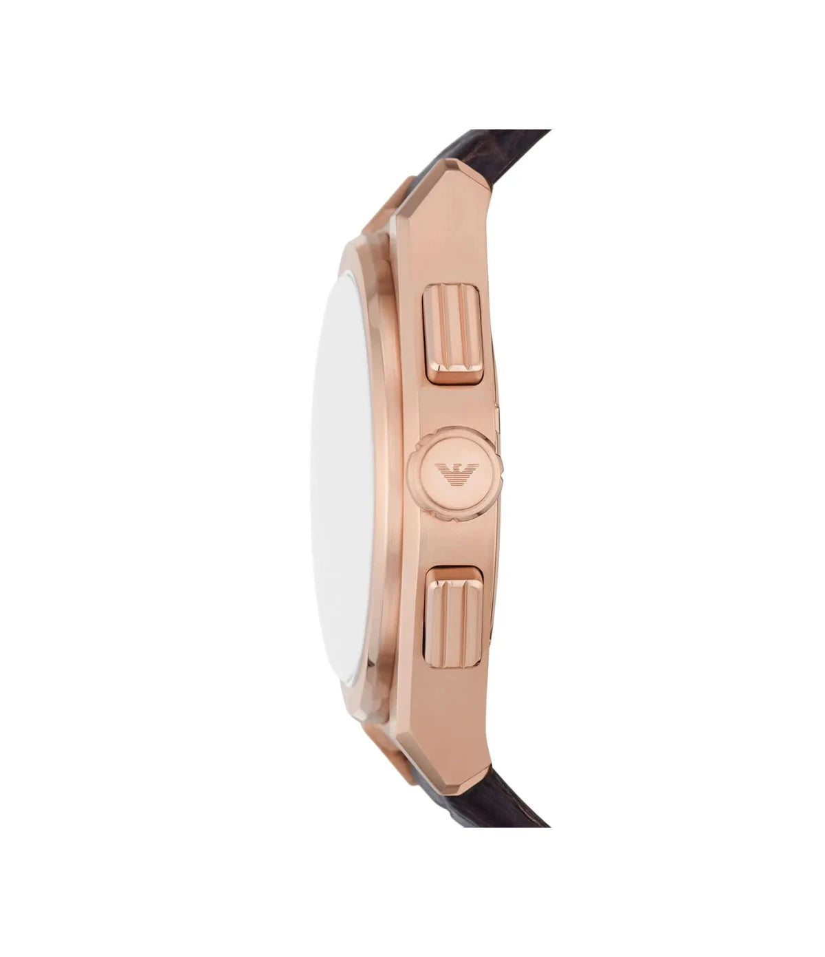 AR11563 Emporio Armani Federico Chronograph Watch side profile showcasing the rose gold crown and chronograph pushers at TimeVault