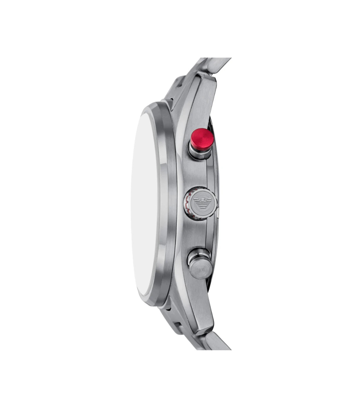 AR11676 Emporio Armani Chronograph Racer Watch side profile showcasing the silver crown and chronograph pushers on the 42mm case at TimeVault