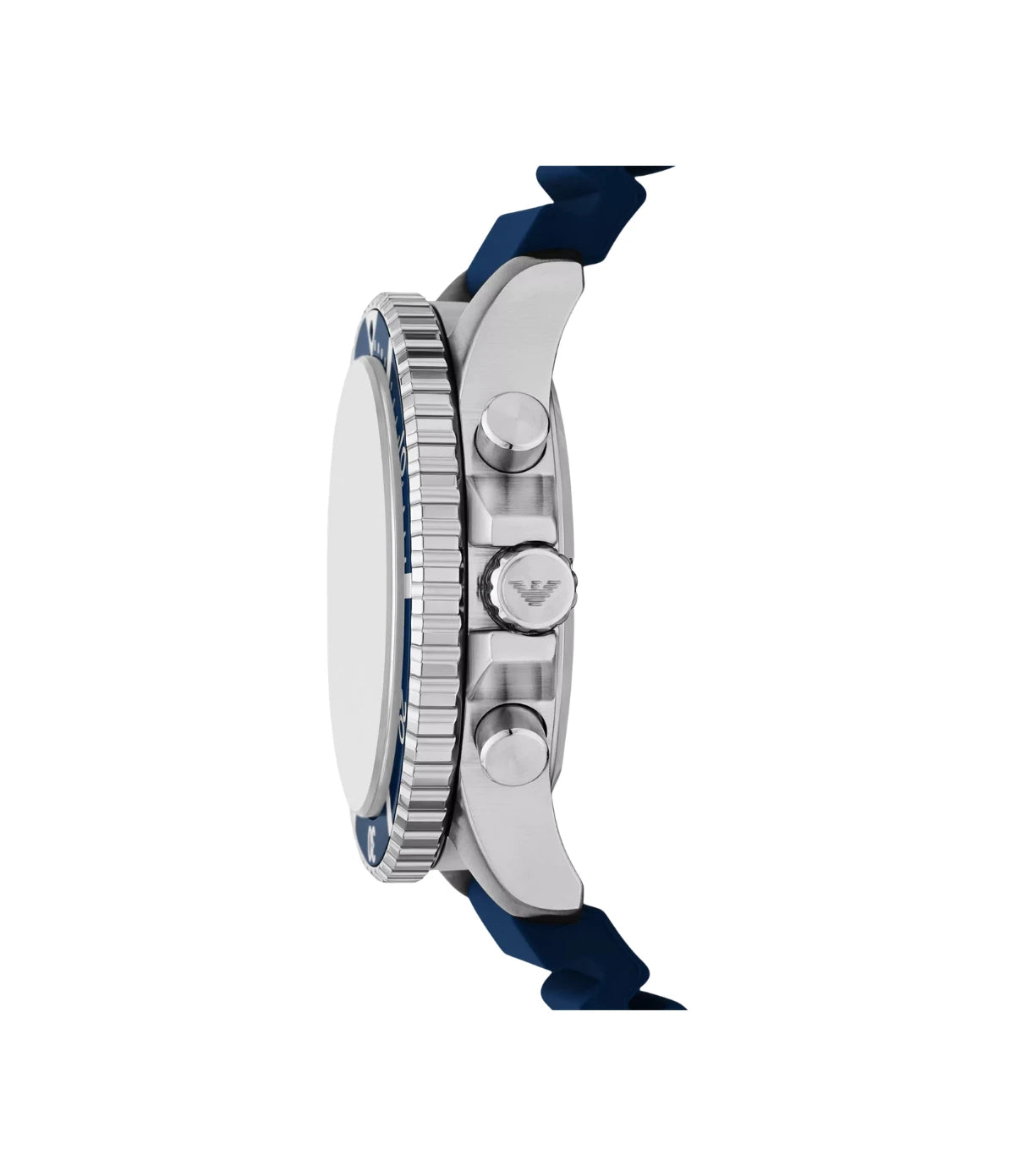 AR11696 Emporio Armani World Explorer Solar-Powered Chronograph Watch side profile showcasing the stainless steel crown and chronograph pushers at TimeVault