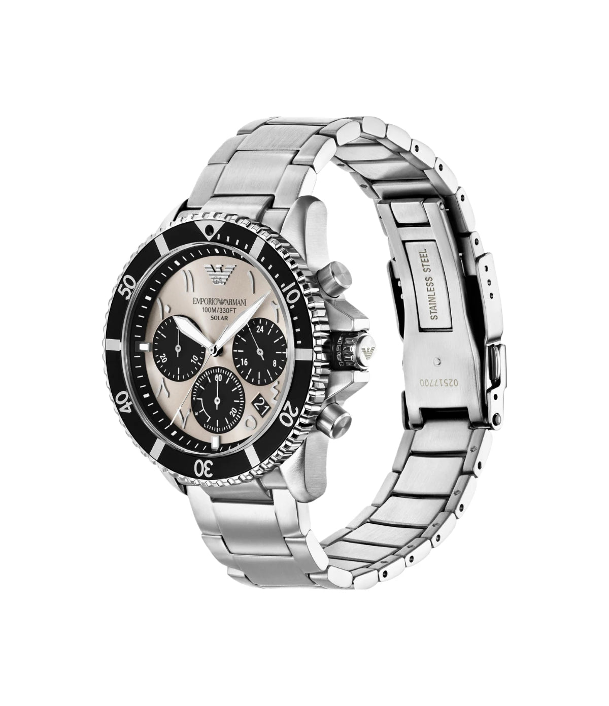 AR11722NLPNLC Emporio Armani World Explorer Solar-Powered Chronograph Stainless Steel Watch side profile showcasing the polished crown and chronograph pushers at TimeVault