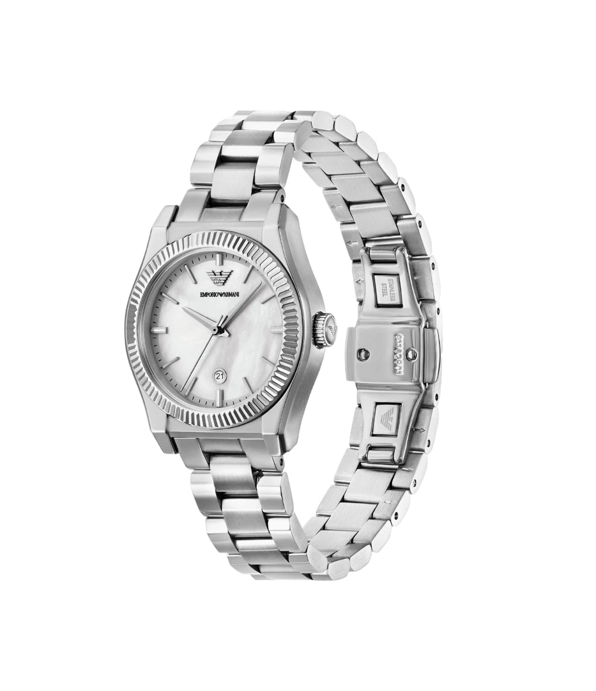 AR11723NLPNLC Emporio Armani Three Hand Stainless Steel Watch side profile showcasing the polished crown and fluted stainless steel bezel at TimeVault