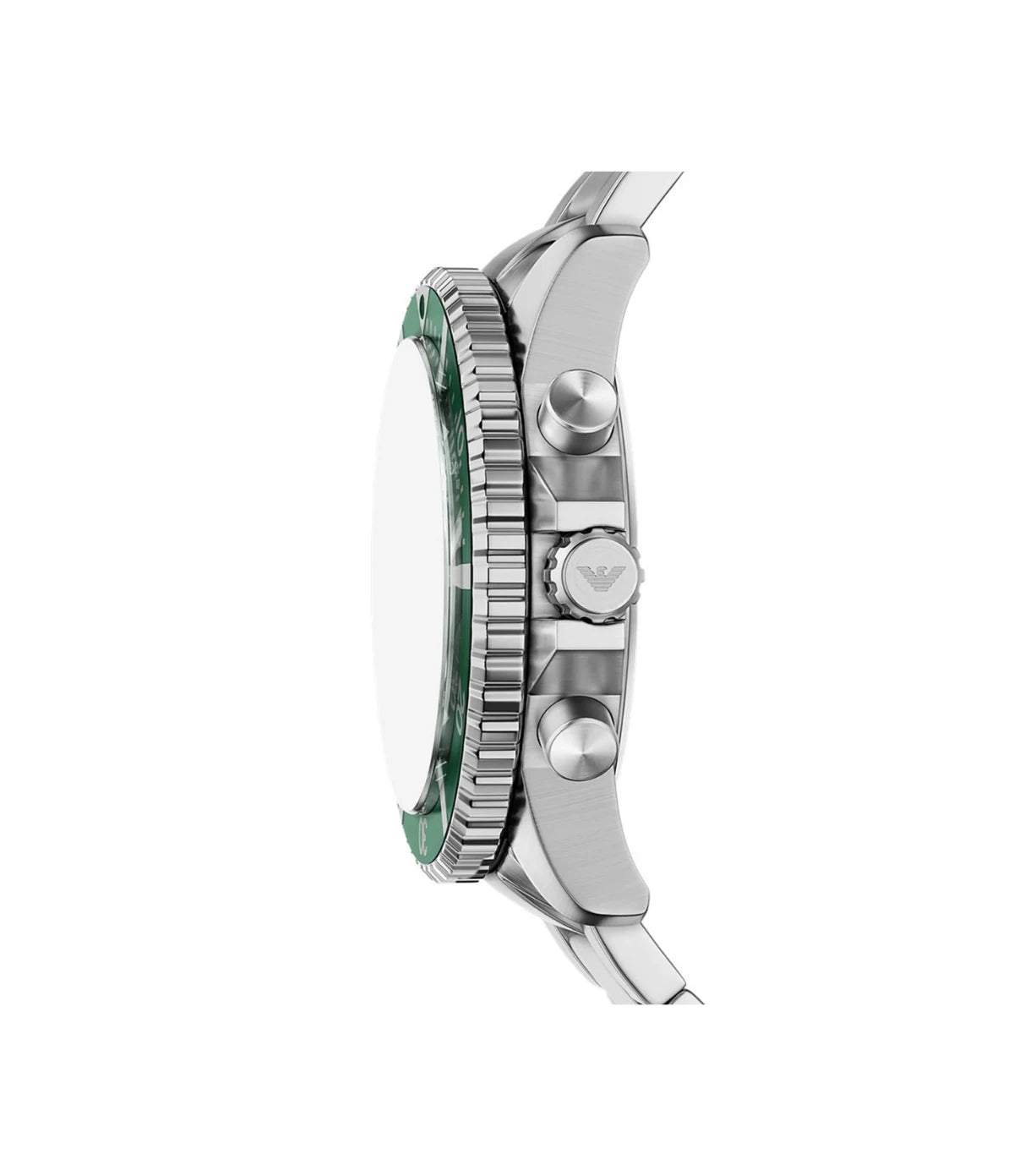 AR11741 Emporio Armani World Explorer Solar Green Dial Watch side profile showcasing the silver crown and chronograph pushers on the 43mm case at TimeVault
