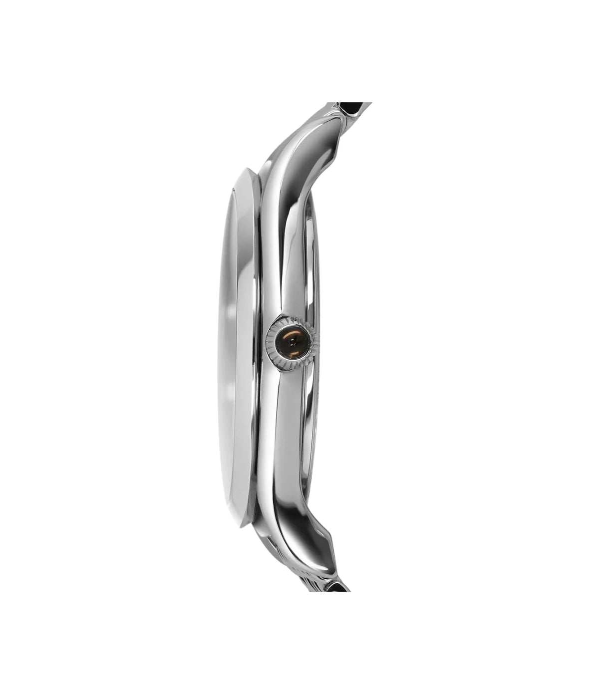 ARS7507 Emporio Armani Watch For Women side profile showcasing the polished silver crown and slim 28mm case at TimeVault