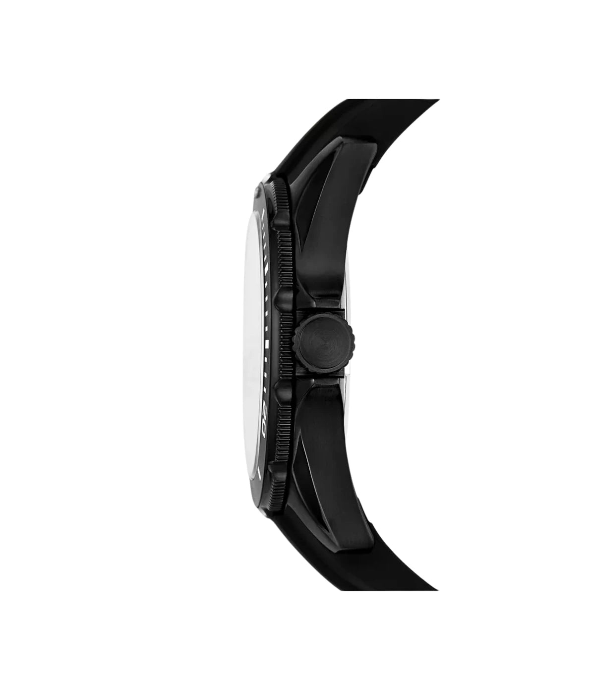 BQ2886 Fossil Dalton Three-Hand Black Silicone Watch side profile showcasing the brushed crown and rugged 42mm round case at TimeVault