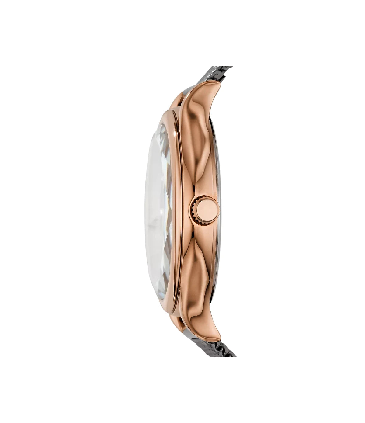 BQ3393 Fossil Laney Three-Hand Smoke Stainless Steel Watch side profile showcasing the rose gold crown and slim 34mm case at TimeVault