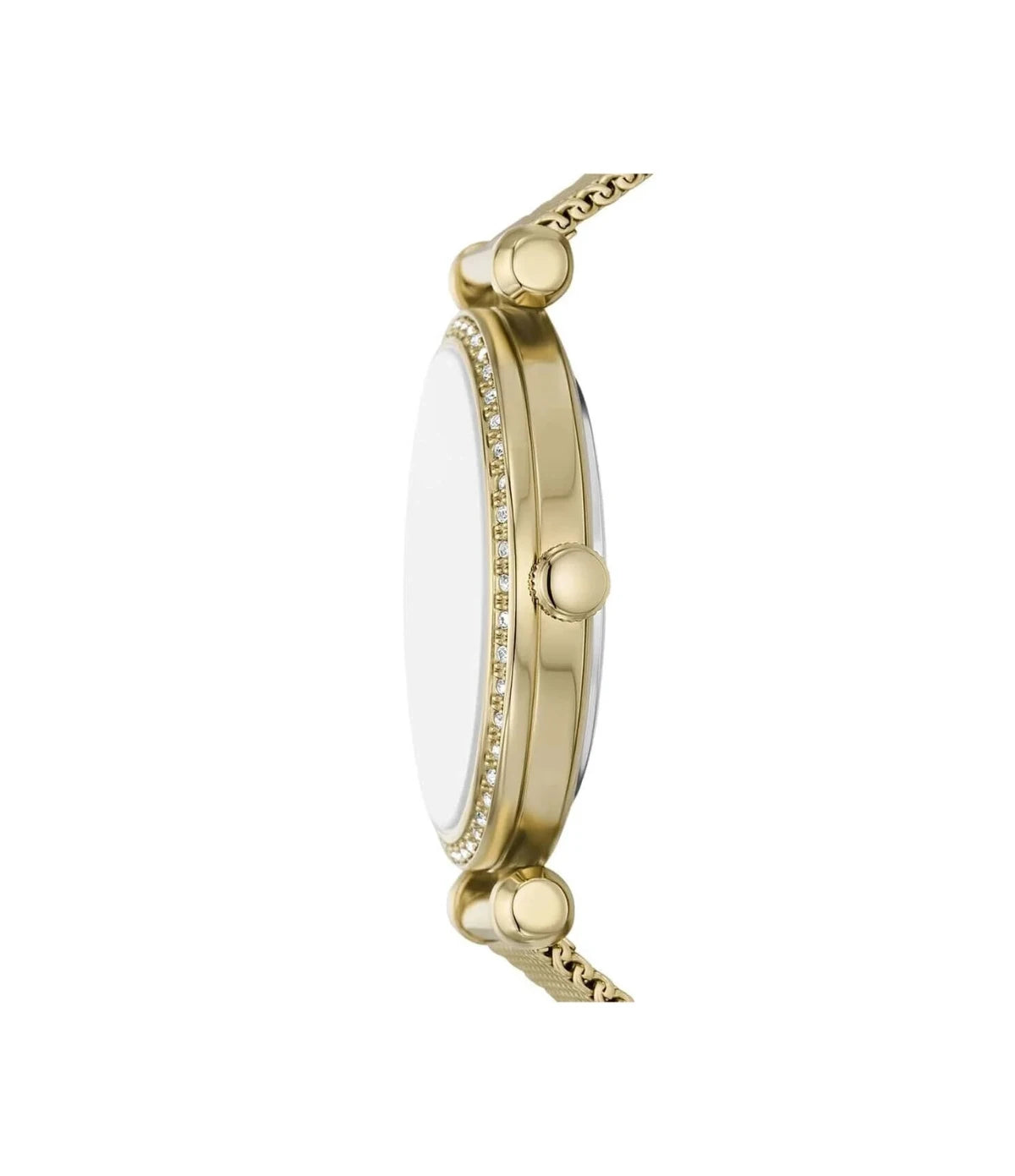 BQ3990 Fossil Tillie Three-Hand Gold-Tone Stainless Steel Watch side profile showcasing the polished gold-tone crown and round 36mm case at TimeVault