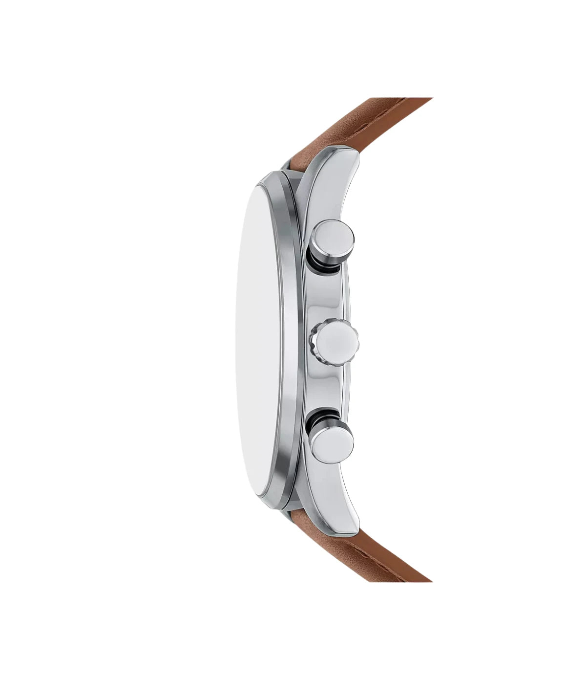 BQM2858 Fossil Sullivan Multifunction Brown Leather Watch side profile showcasing the textured crown and round stainless steel case at TimeVault
