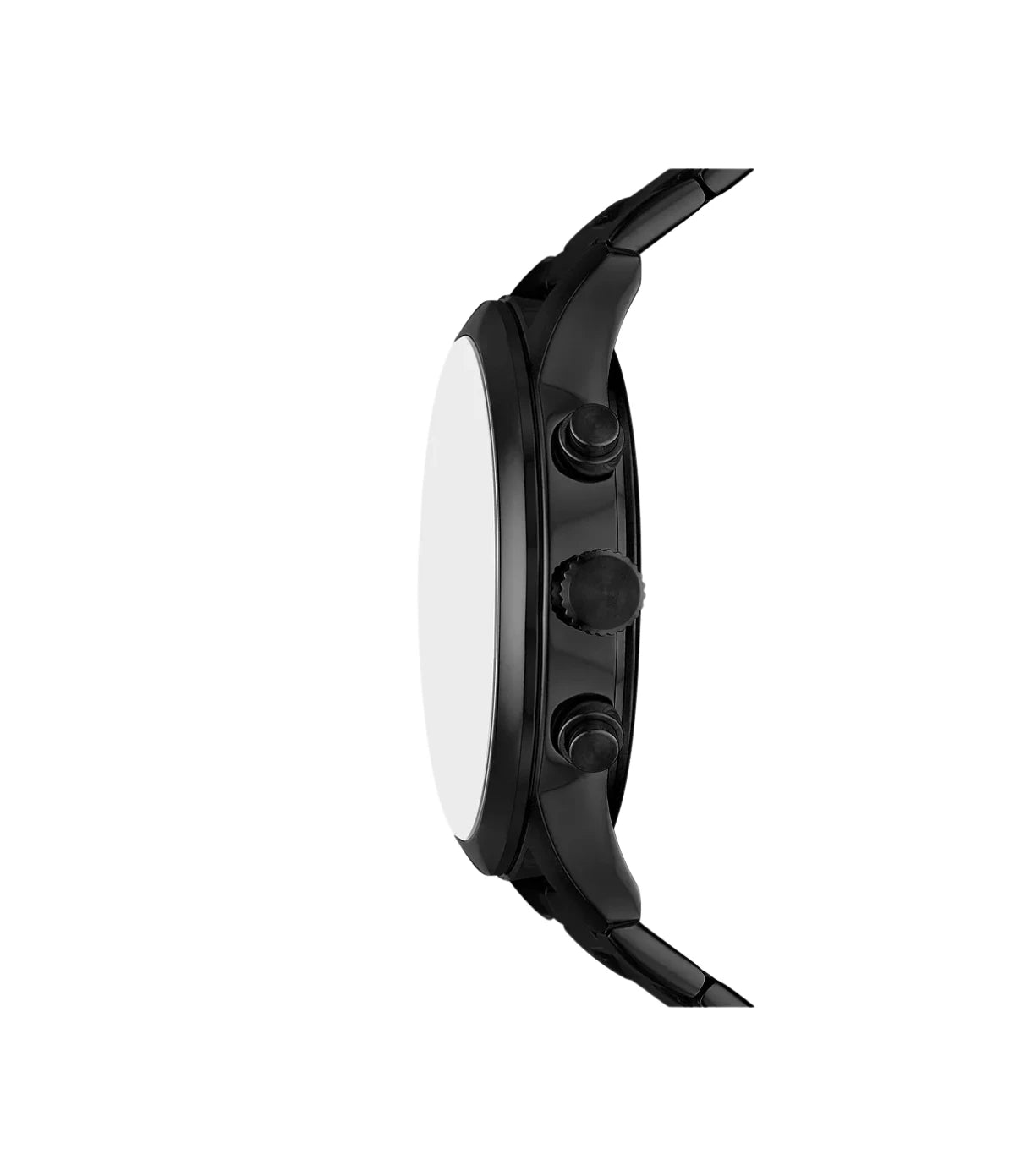 BQM7093 Fossil Bennett Multifunction Black Stainless Steel Watch side profile showcasing the black-tone crown and bold 45mm utility case at TimeVault
