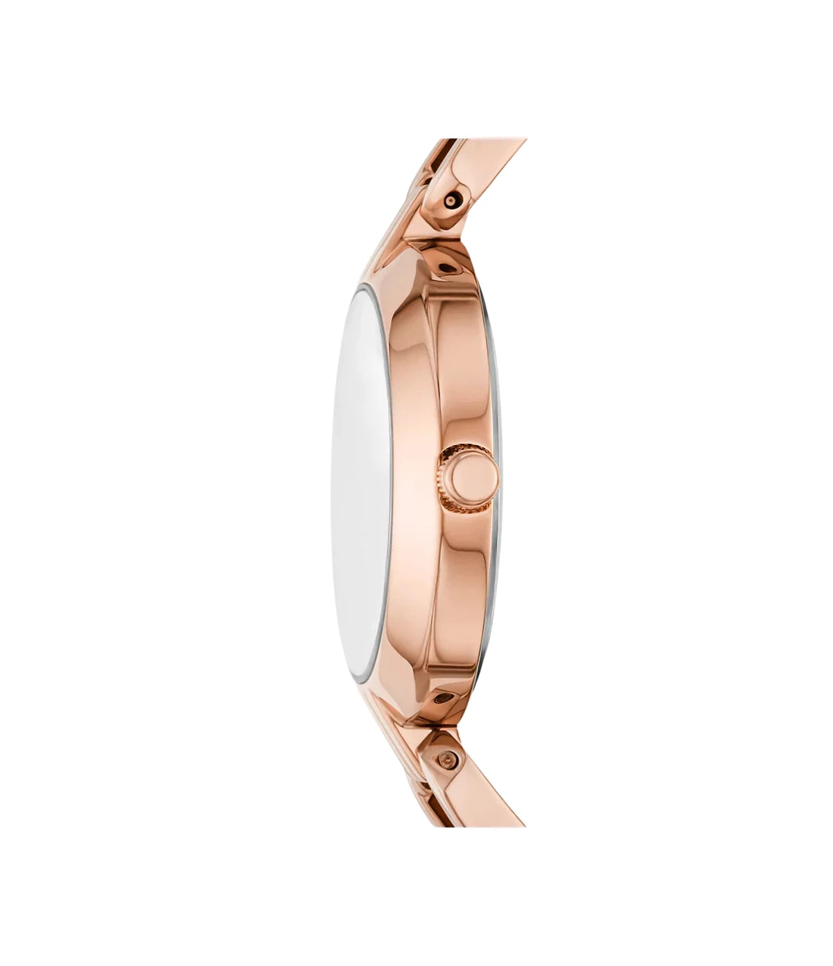 BQW3206 Fossil Kerrigan Three-Hand Rose Gold-Tone Stainless Steel Watch side profile showcasing the polished crown and slim 32mm case at TimeVault