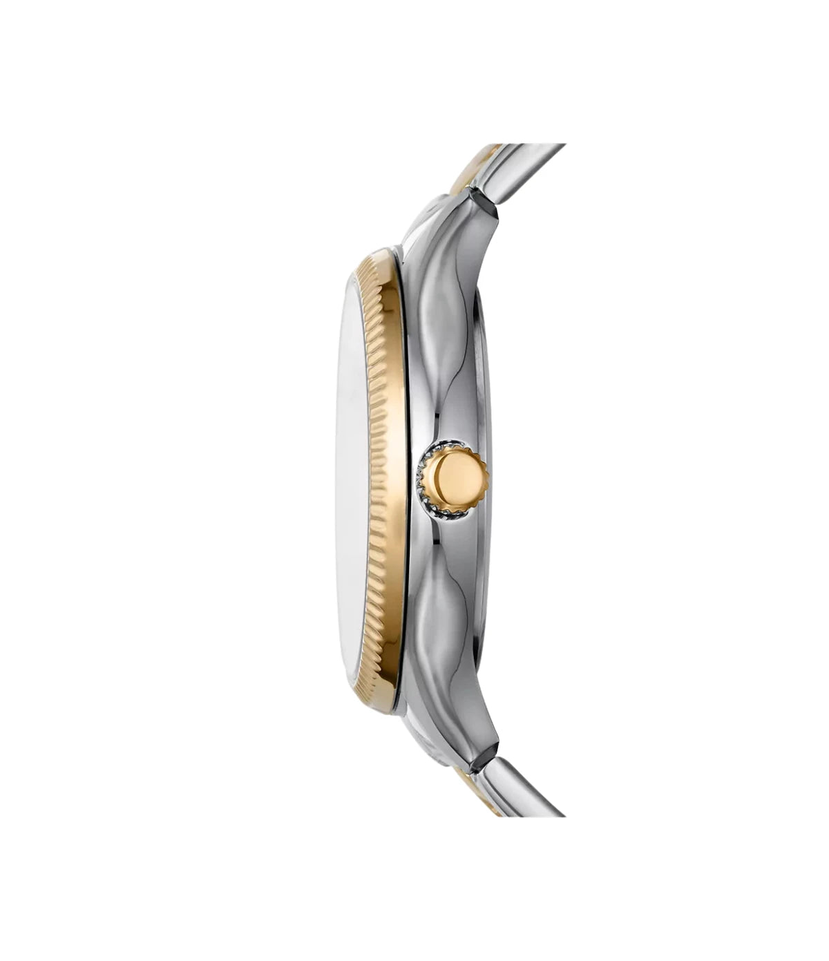 BQW3762 Fossil Rye Multifunction Two-Tone Stainless Steel Watch side profile showcasing the two-tone crown and round 36mm case at TimeVault