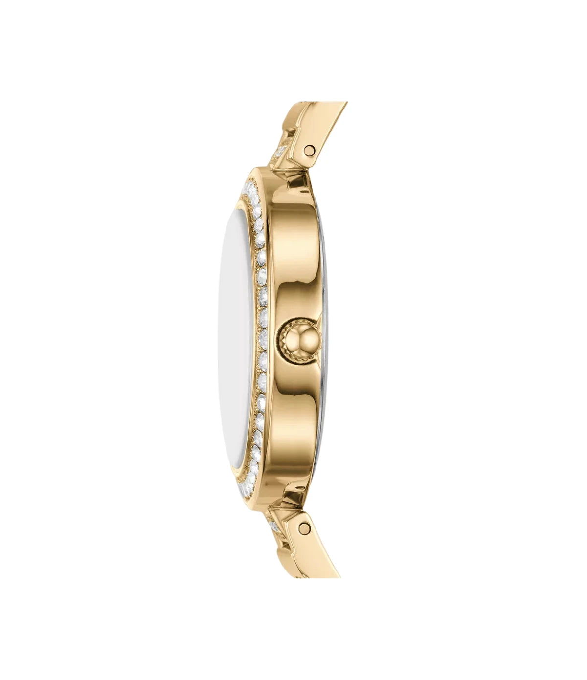 BQW3903SET Fossil Karli Three-Hand Gold-Tone Watch and Bracelet Set side profile showcasing the polished gold crown and slim 32mm case at TimeVault