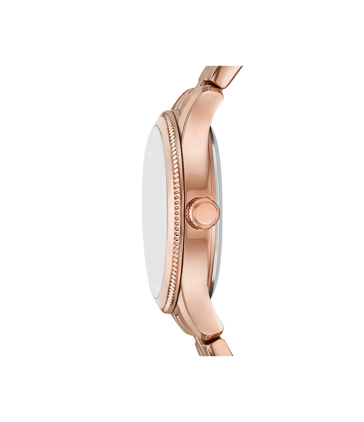 BQW8017 Fossil Brynn Three-Hand Rose Gold-Tone Stainless Steel Watch side profile showcasing the polished rose gold crown and slim 30mm case at TimeVault