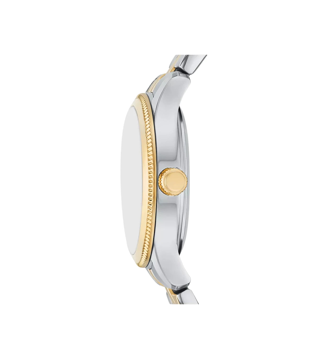 BQW8019 Fossil Brynn Three-Hand Two-Tone Stainless Steel Watch side profile showcasing the polished silver-gold crown and slim 30mm case at TimeVault