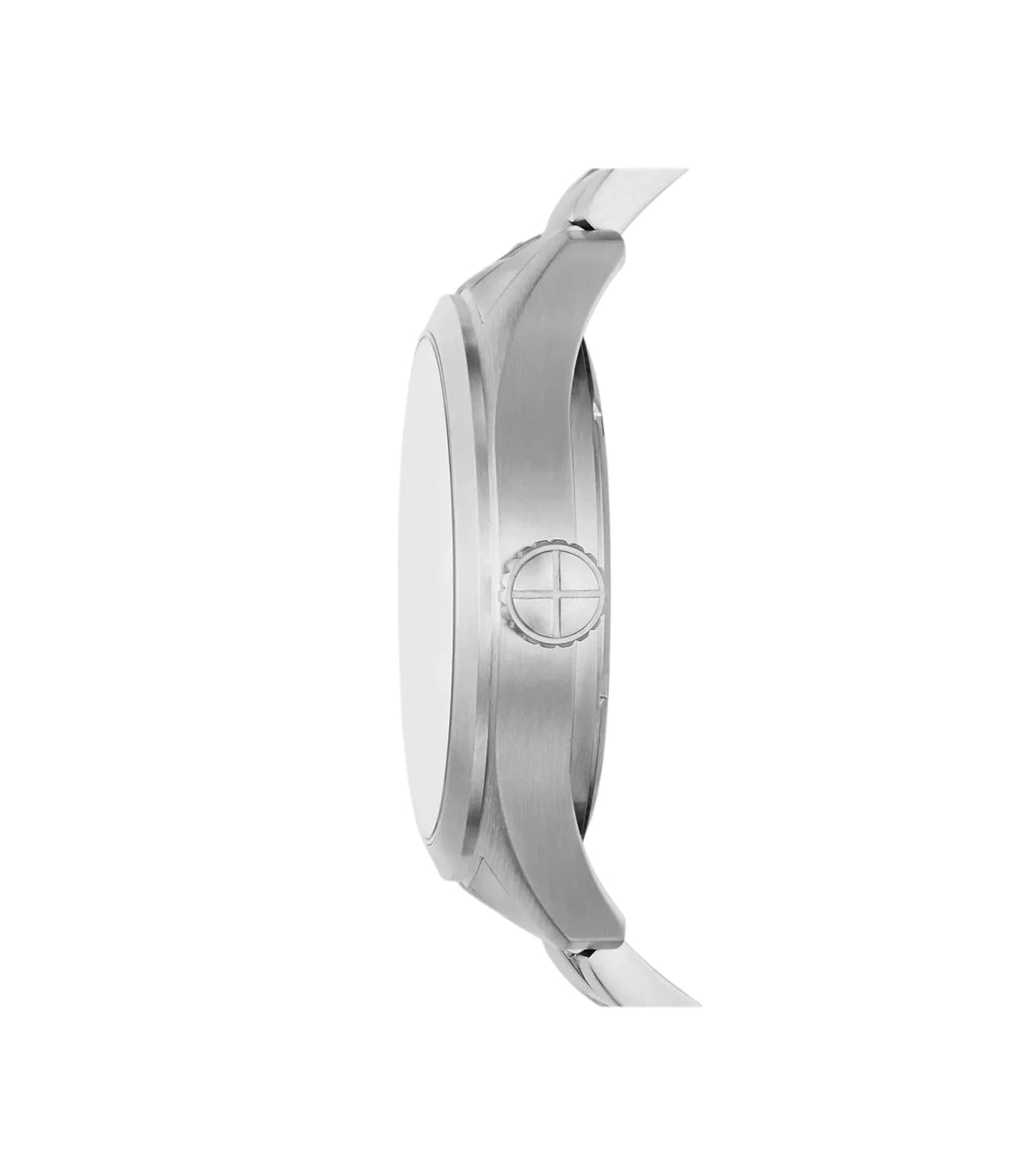 FS5976 Fossil Defender Solar-Powered Stainless Steel Watch side profile showcasing the silver crown and rugged field watch case at TimeVault