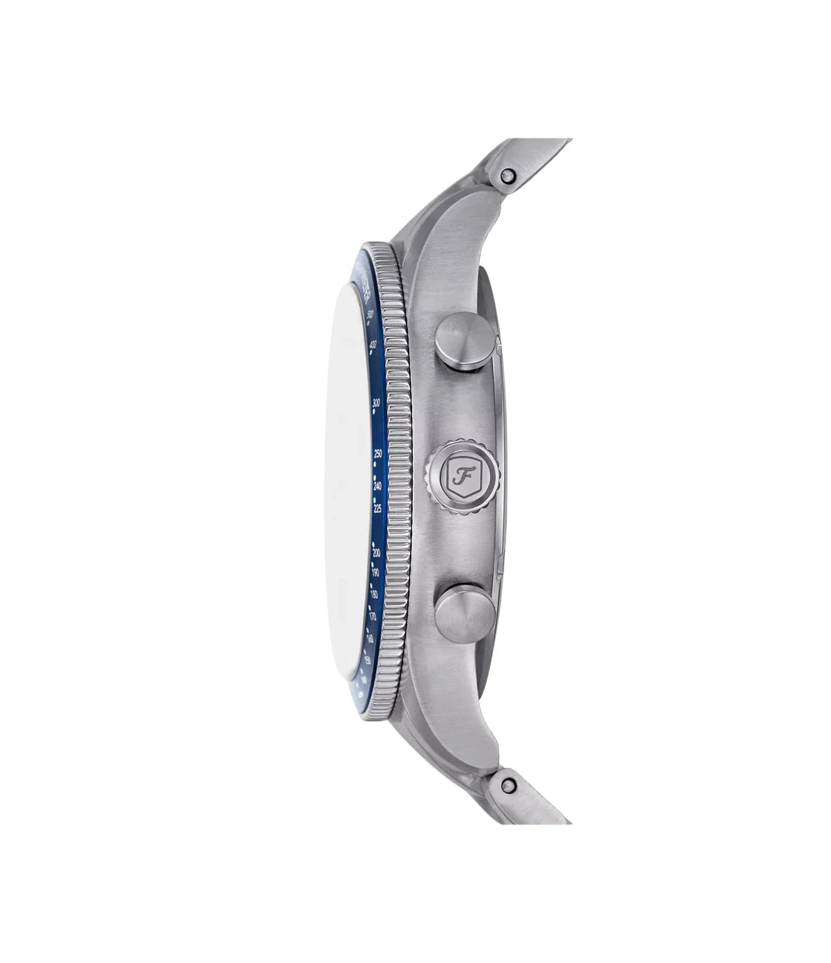 FS6047 Fossil Sport Tourer Chronograph Stainless Steel Watch side profile showcasing the silver crown and chronograph pushers on the 42mm case at TimeVault