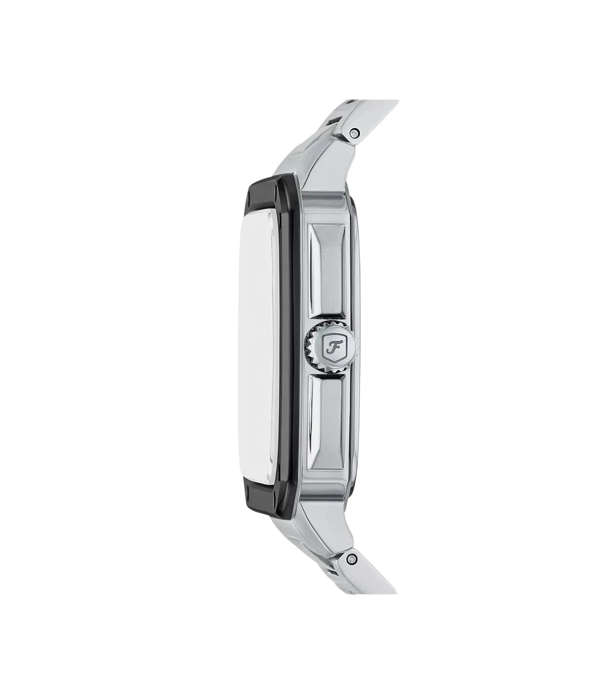 FS6122 Fossil Crosby Three-Hand Date Stainless Steel Watch side profile showcasing the silver crown and sleek rectangular case at TimeVault