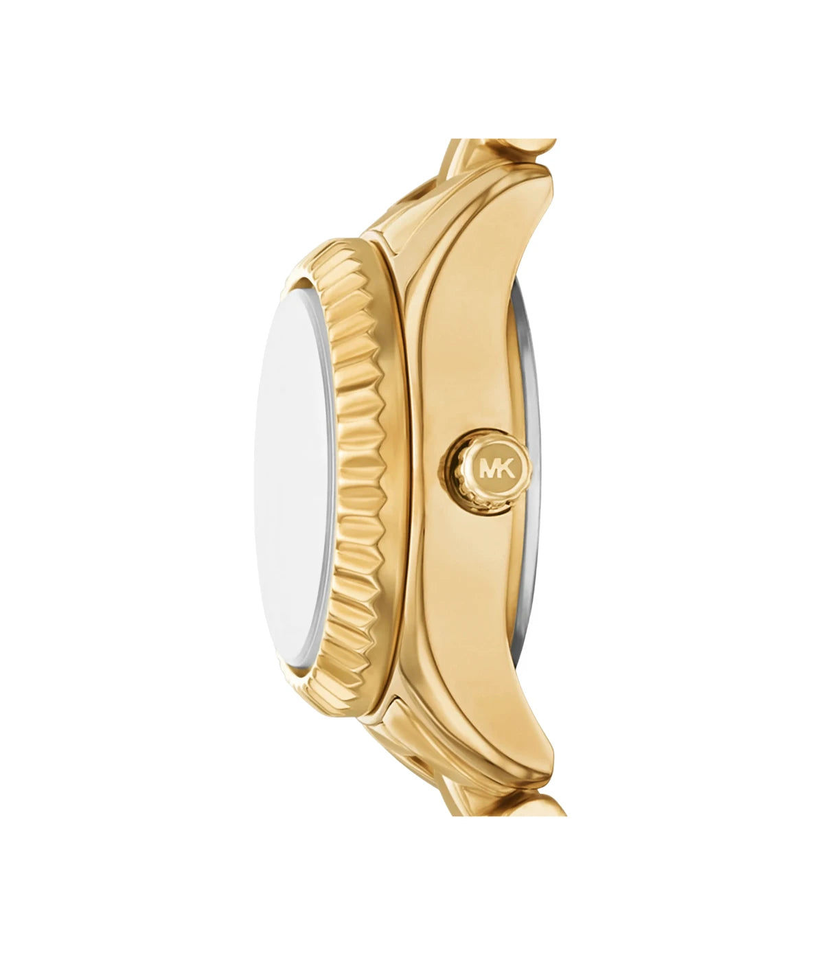 MK4944SET Michael Kors Petite Lexington Pavé Gold-Tone Watch and Jewelry Gift Set side profile showcasing the gold-tone crown and petite 13mm case at TimeVault