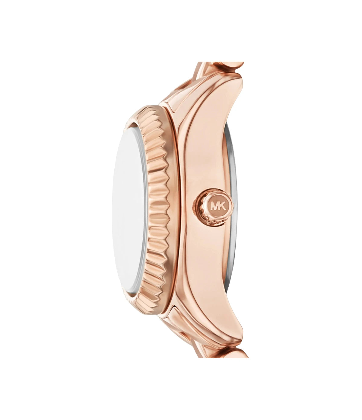 MK4946SET Michael Kors Petite Lexington Pavé Rose Gold-Tone Watch and Jewelry Gift Set side profile showcasing the rose gold-tone crown and petite 13mm case at TimeVault