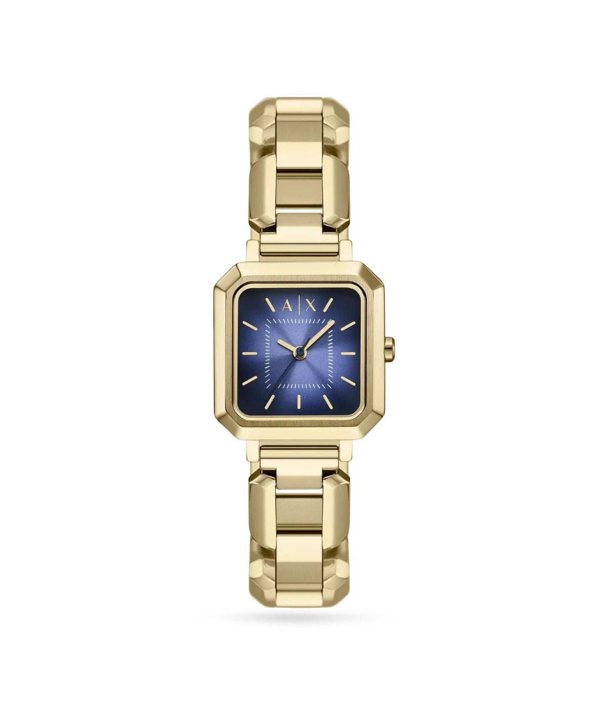 Armani Exchange Leila Blue Dial Gold-Tone Watch AX5735 front view - women's square gold-tone watch with blue dial, available in Sri Lanka at TimeVault
