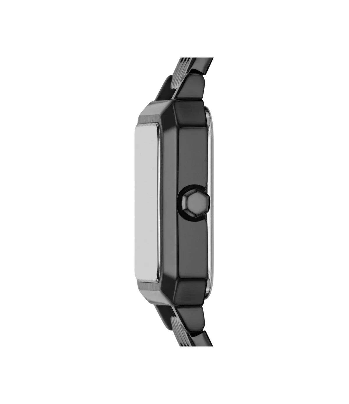Side profile of the Armani Exchange Leila AX5732 showing the rectangular gunmetal case and bracelet thickness