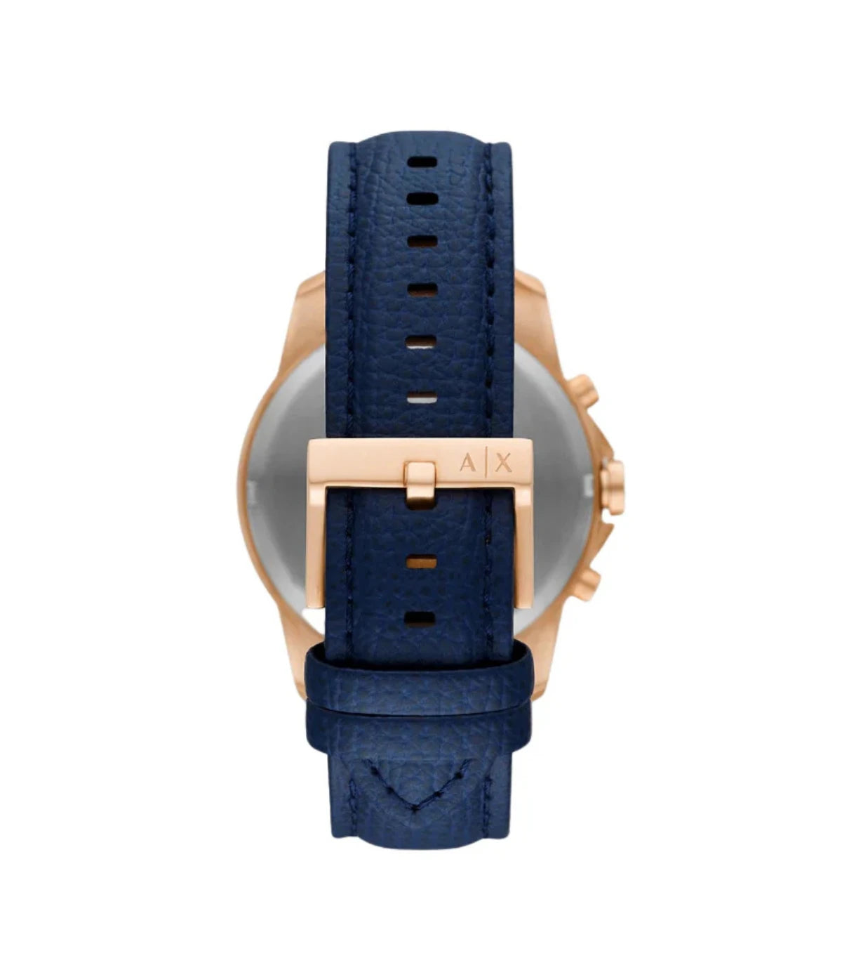 Back view of Armani Exchange AX1723 watch showing engraved case back with blue leather strap attachment and clasp detail, available at Timevault