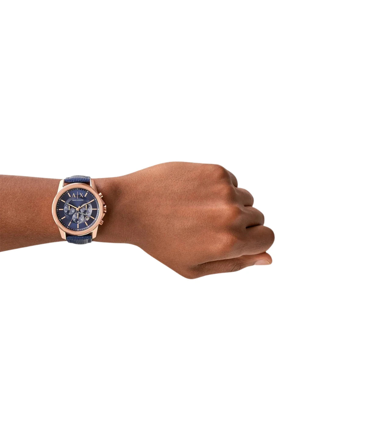 Lifestyle angle of Armani Exchange AX1723 watch highlighting blue dial and blue leather strap combination with elegant modern design, available at Time vault