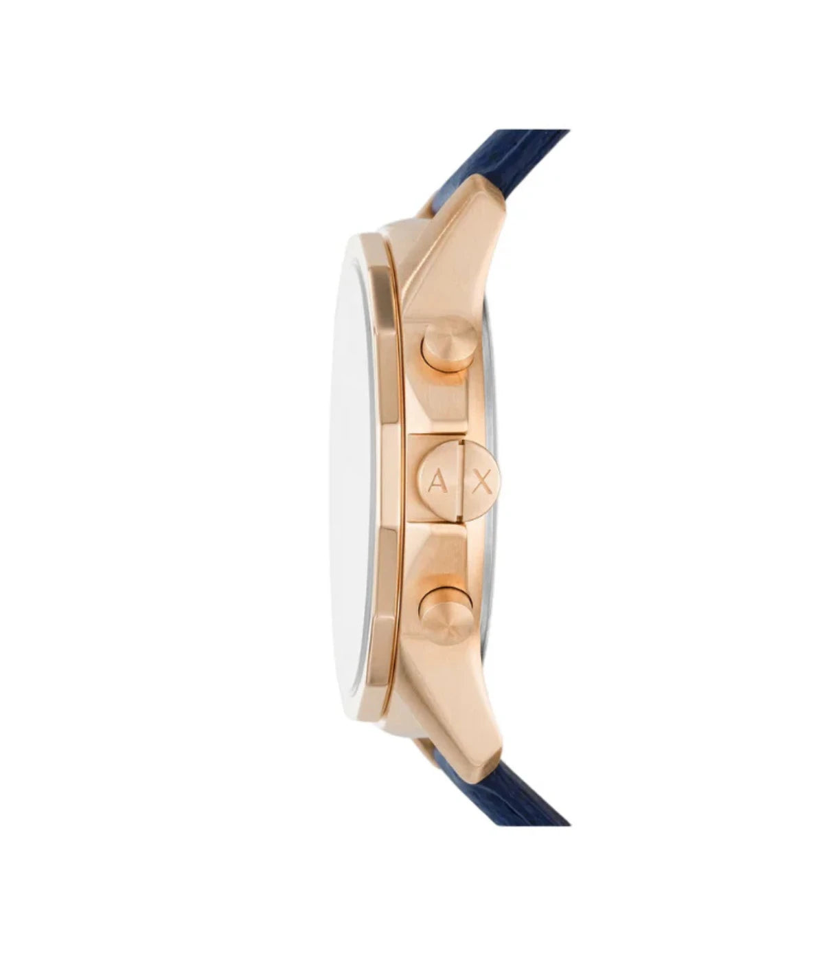 Side profile of Armani Exchange AX1723 watch showing slim stainless steel case with blue leather strap detailing and polished finish, available at Timevault