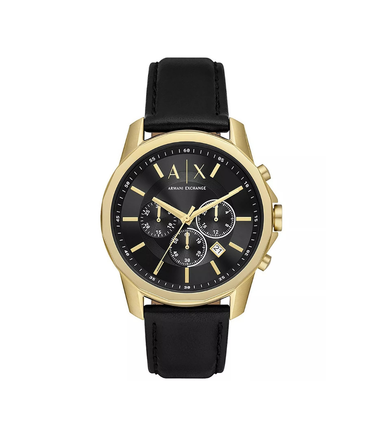Armani Exchange AX7133 watch front view showing black dial with chronograph detailing and stainless steel case, available at Time Vault