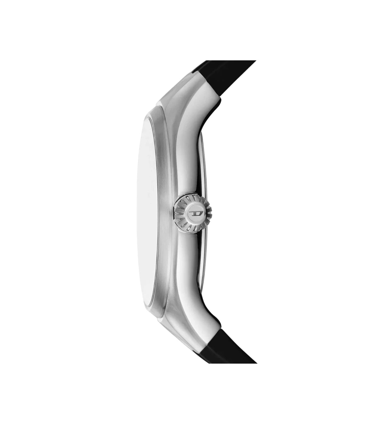 Side profile of the Diesel Streamline DZ2202 showing the stainless steel case and black silicone strap