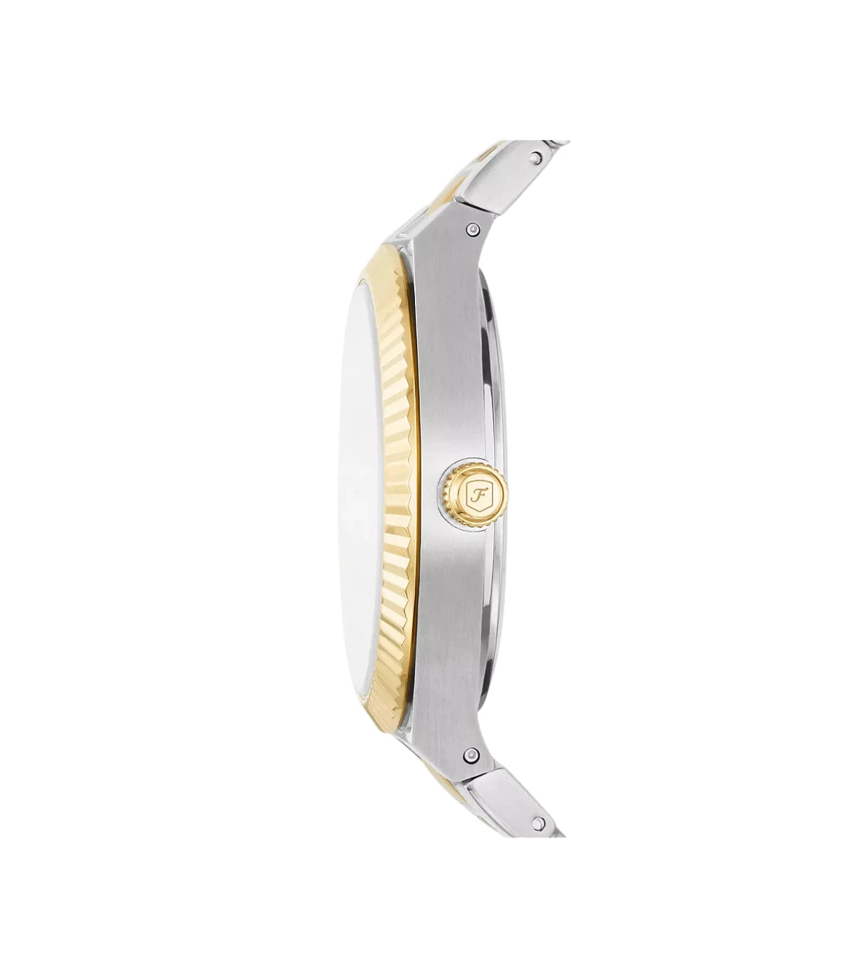 Side profile of the Fossil Scarlette ES5259 showing the two-tone silver and gold stainless steel bracelet