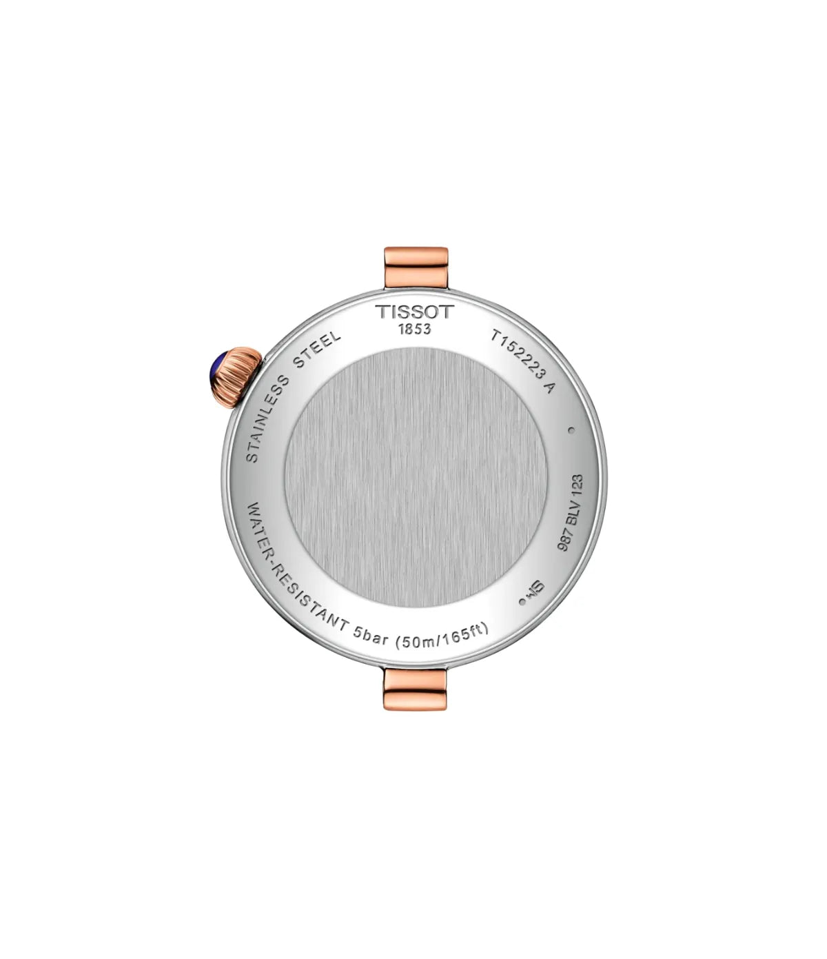 Back view of the Tissot Desir 29.6mm T152.223.22.036.00 stainless steel case back with PVD coating
