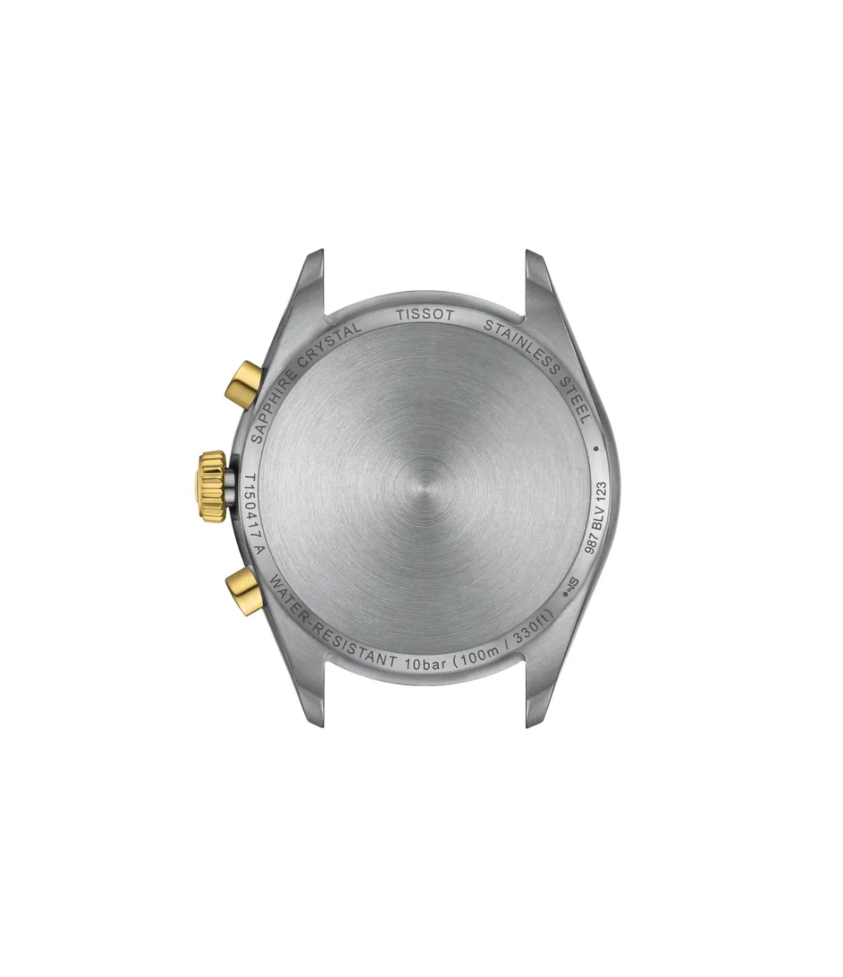 Back view of the Tissot PR 100 T1504172203100 showing the 316l stainless steel case back and grey and gold-tone stainless steel bracelet