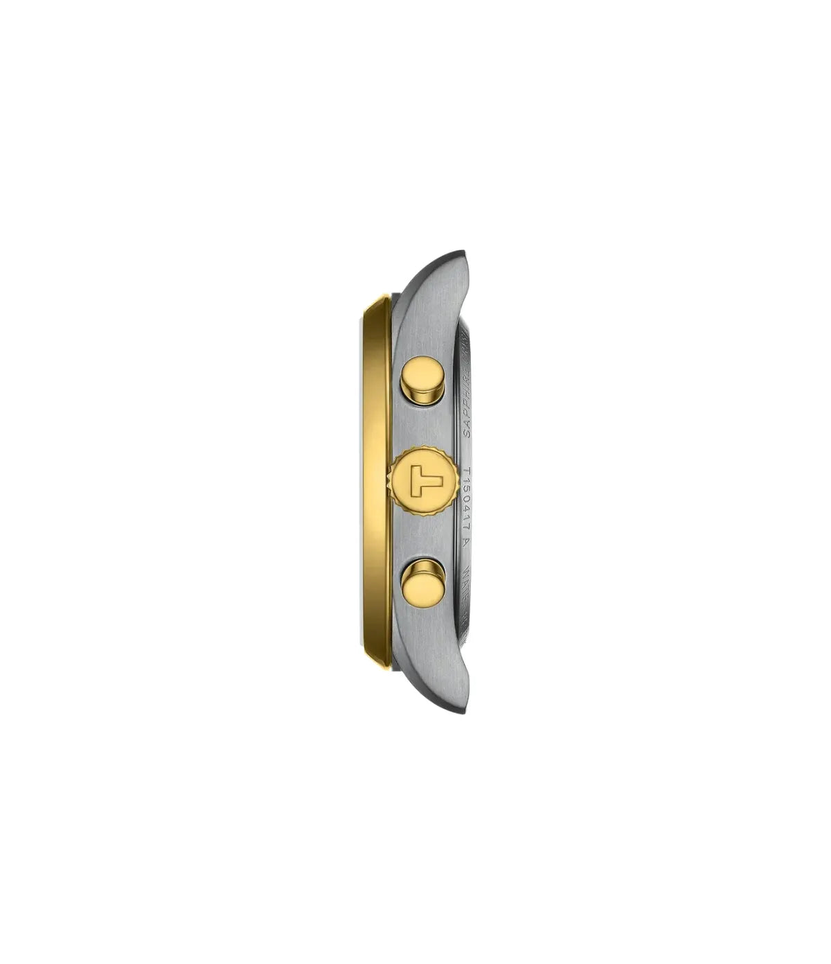 Side profile of the Tissot PR 100 T1504172203100 showing the 316l stainless steel with gold pvd-coated details case, crown and chronograph pushers and stainless steel bracelet