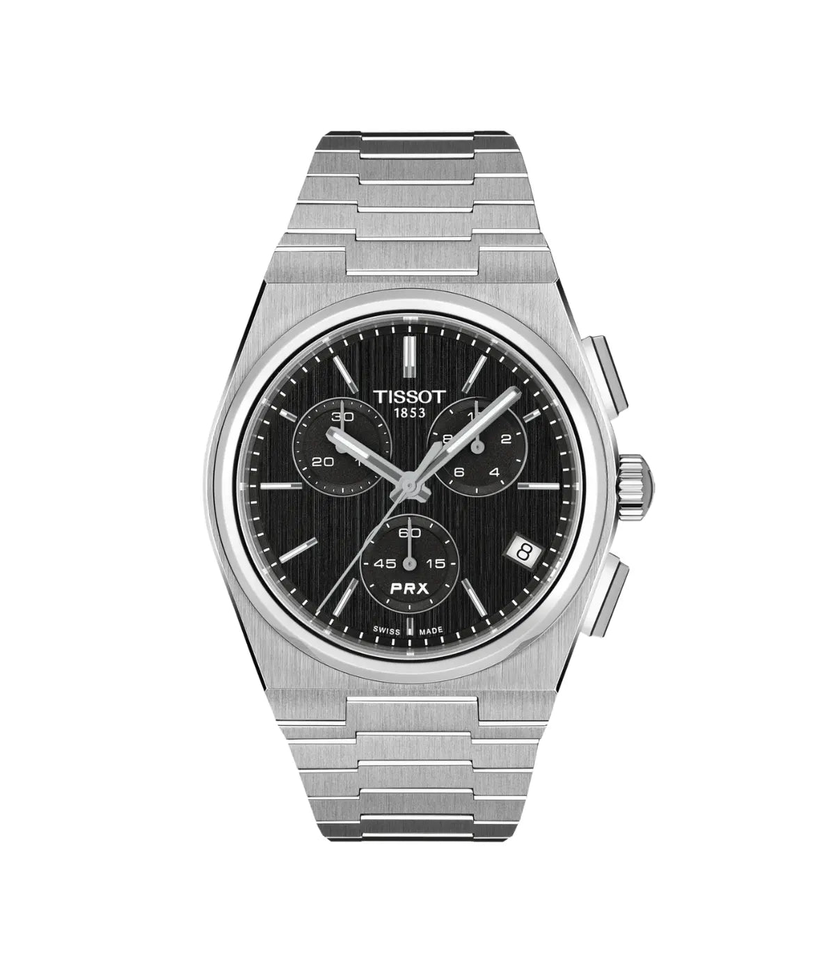 PRX 41mm Quartz Chronograph Black Dial Stainless Steel Watch T1374171105100 front view - men's Tissot watch with black dial and silver stainless steel bracelet, available in Sri Lanka at Time Vault
