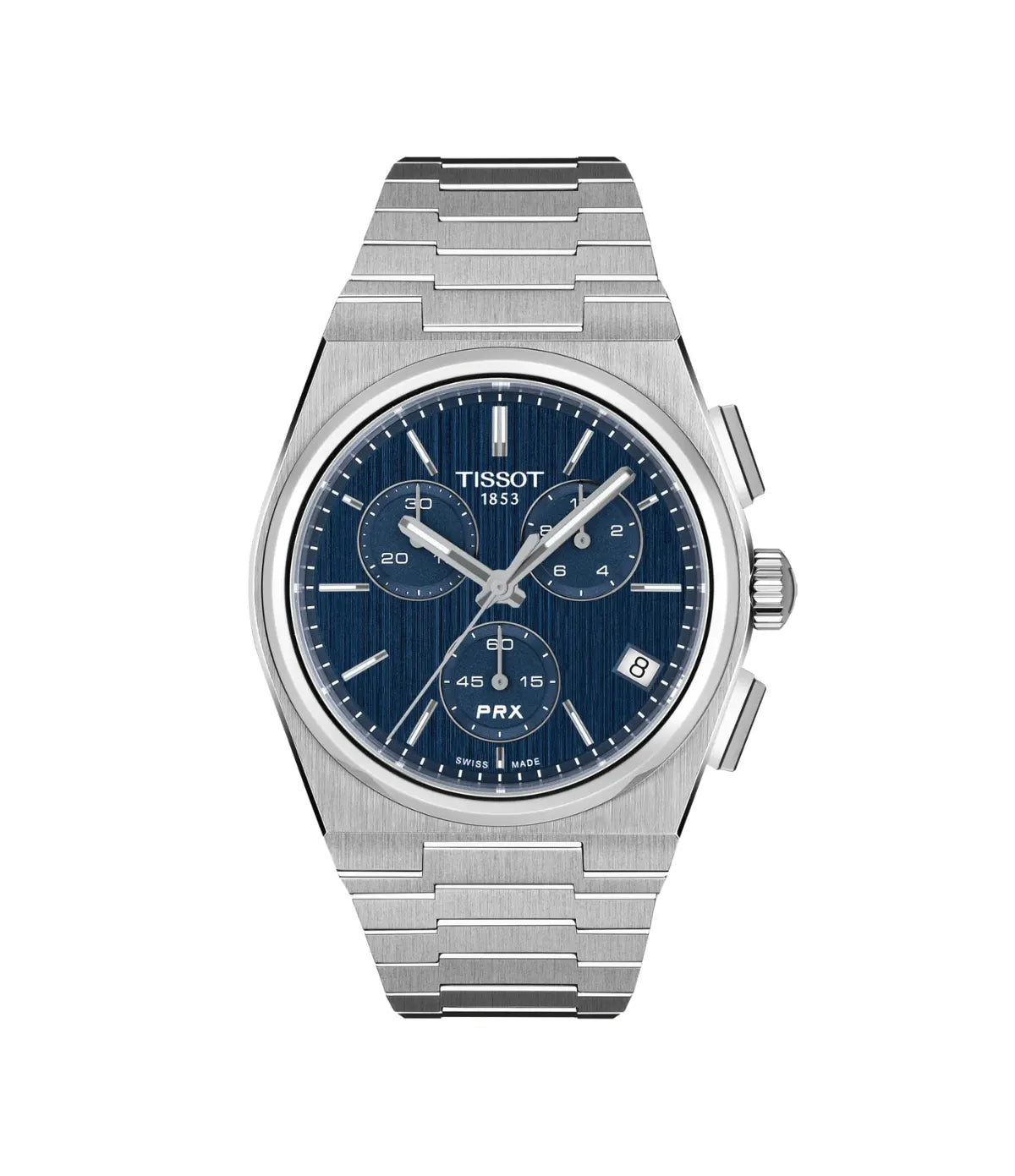 PRX 41mm Quartz Chronograph Blue Dial Stainless Steel Watch T1374171104100 front view - men's Tissot watch with blue dial and silver stainless steel bracelet, available in Sri Lanka at Time Vault