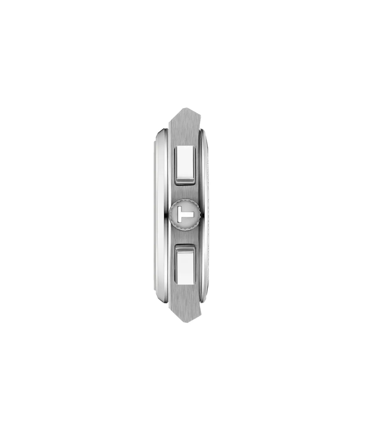 Side profile of the Tissot PRX T1374171103100 showing the 316l stainless steel case, crown and chronograph pushers and silver stainless steel bracelet
