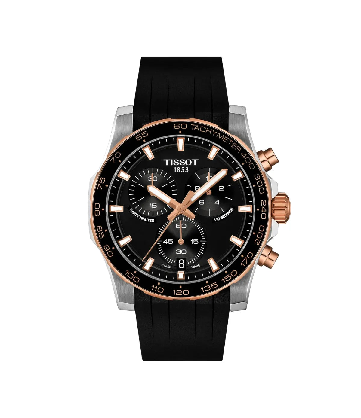 Supersport Chrono 42mm Black Dial Rubber Strap Watch T1254172705100 front view - men's Tissot watch with black dial and black rubber strap, available in Sri Lanka at Time Vault