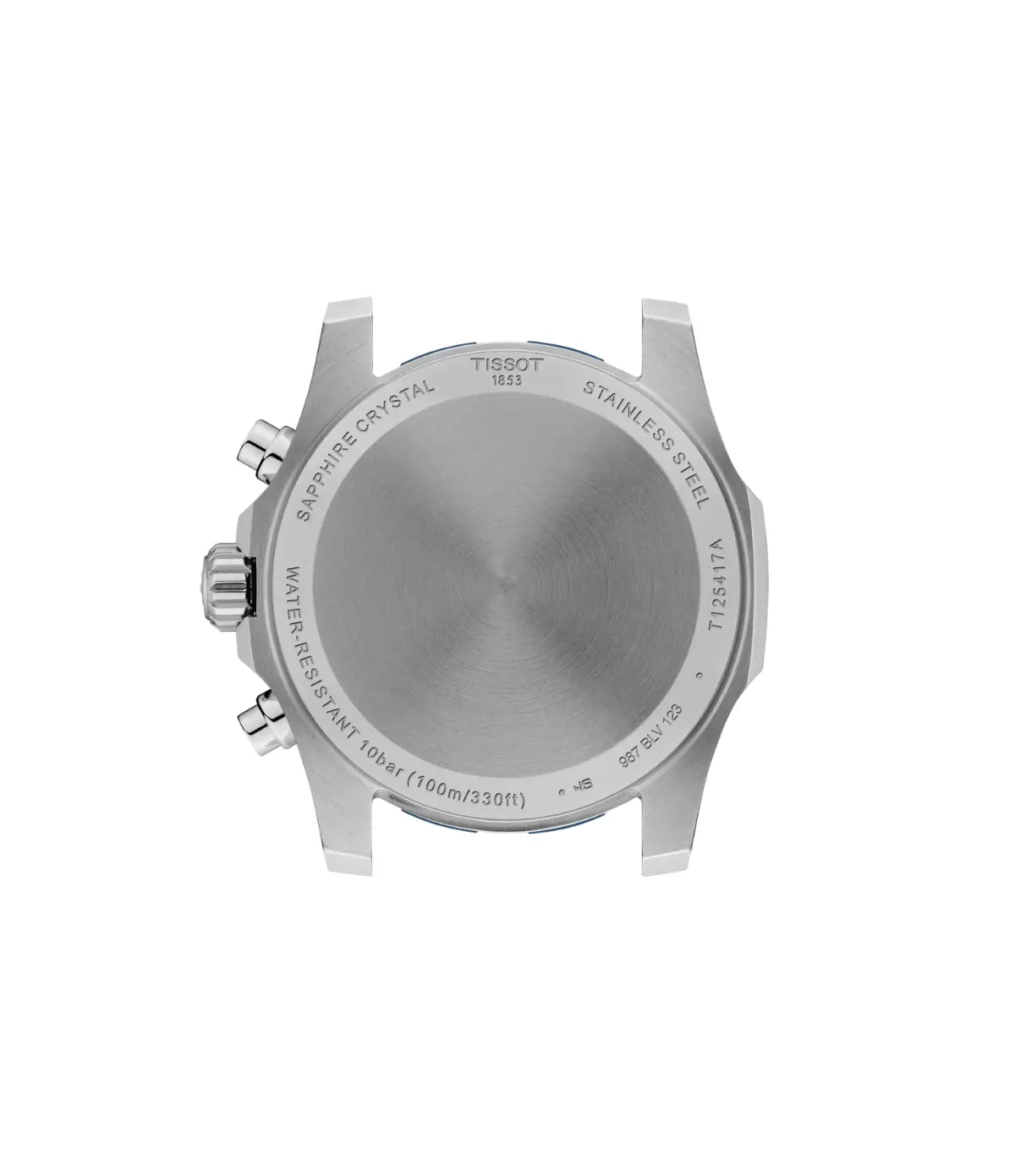 Back view of the Tissot Supersport Chrono T1254171104100 showing the solid case back and silver stainless steel bracelet