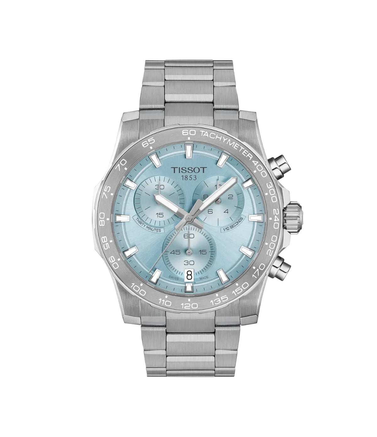 Supersport Chrono 42mm Ice Blue Dial Stainless Steel Watch T1254171135100 front view - men's Tissot watch with ice blue dial and silver stainless steel bracelet, available in Sri Lanka at Time Vault